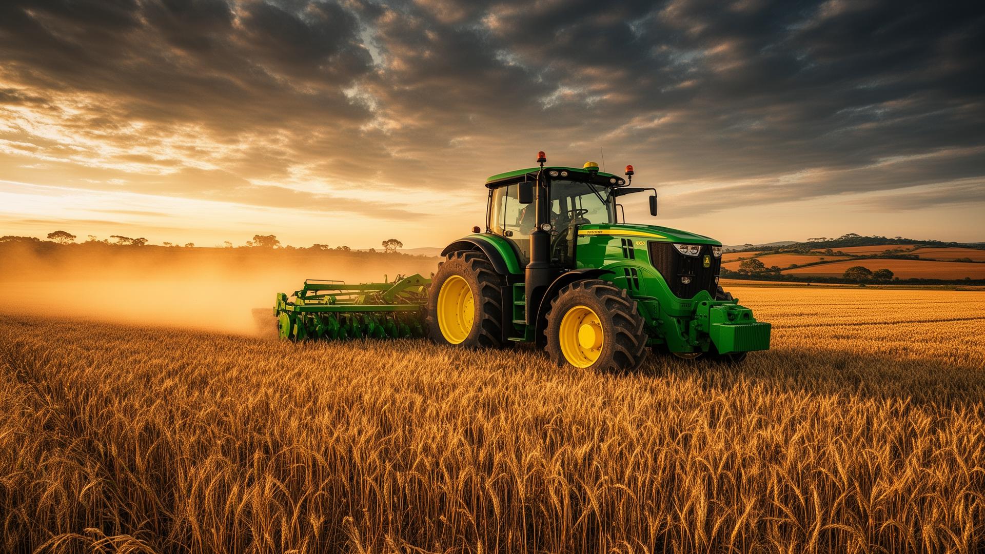 Trator agrícola verde trabalhando em lavoura no Brasil